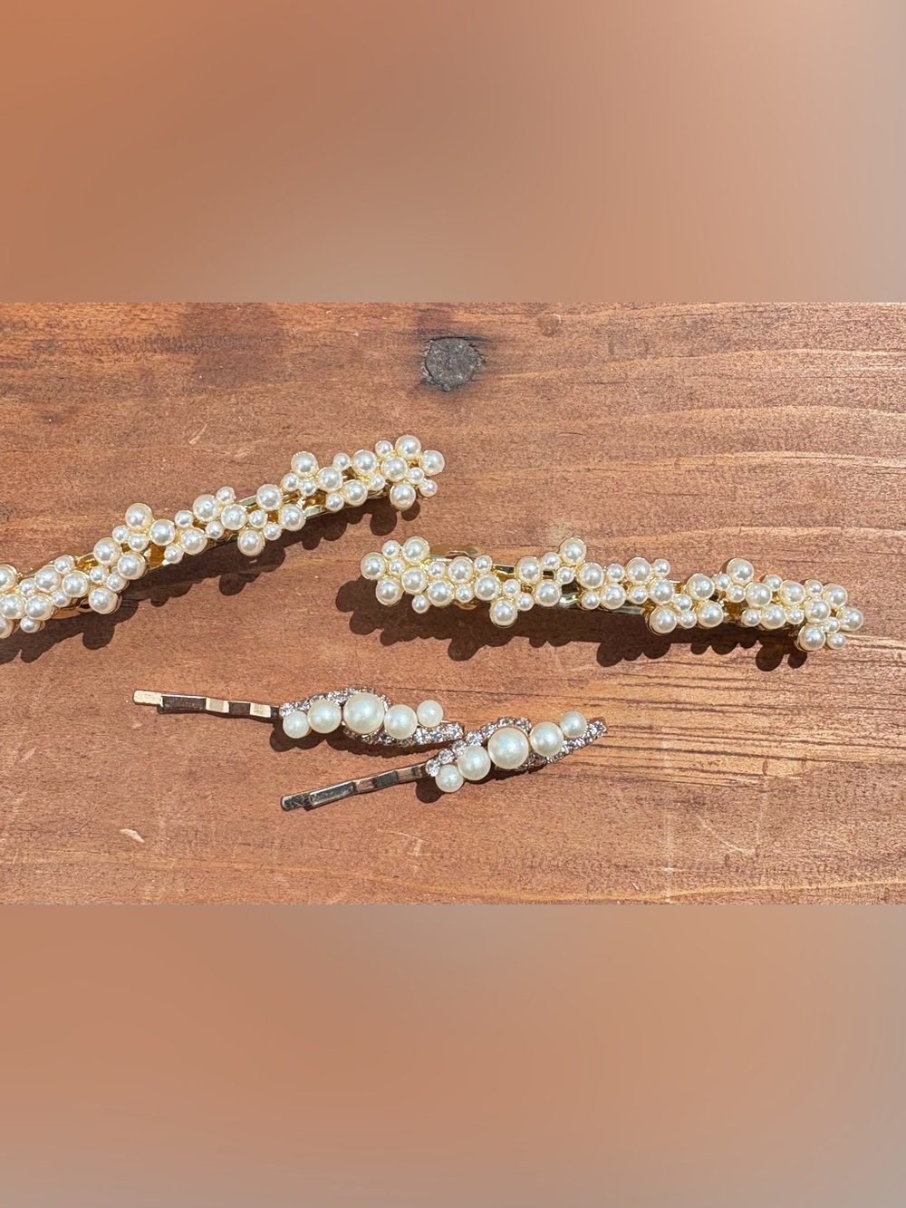 NEW NEVER WORN Pearl Cluster Barrettes and Hair Clip Set - Gold Tone